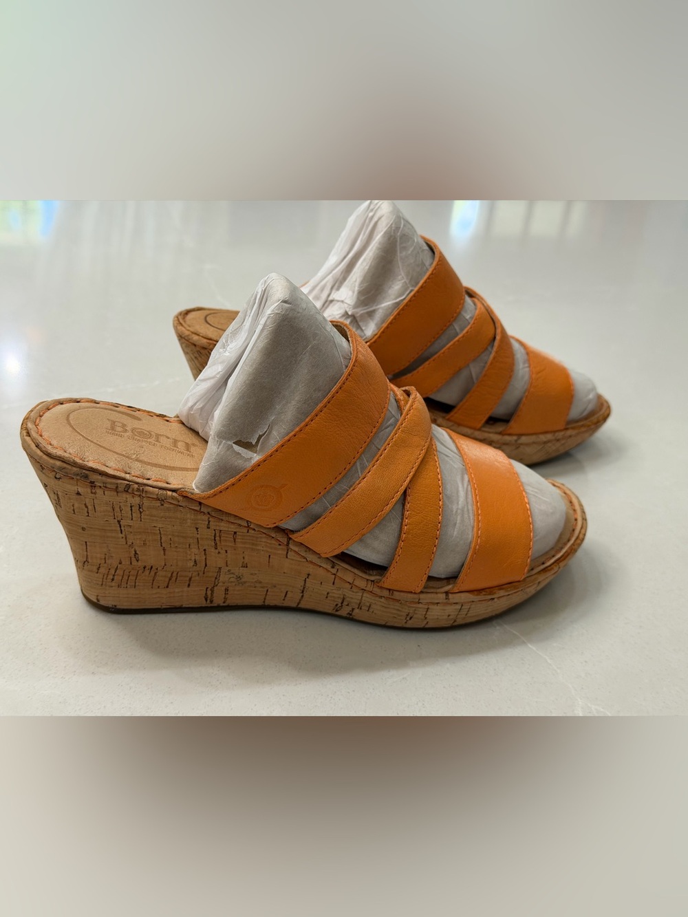 Born Zemora Orange Leather Strappy Cork Wedge Sandals 8M Boho Slide